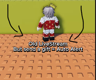 StanRP vertical livestream capture showing the on-screen text Old LiveStream and But send a gift = Auto Alert, with arrows pointing to the label.